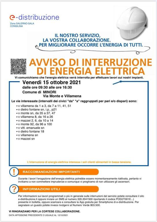 Minori: domani interruzione della corrente elettrica