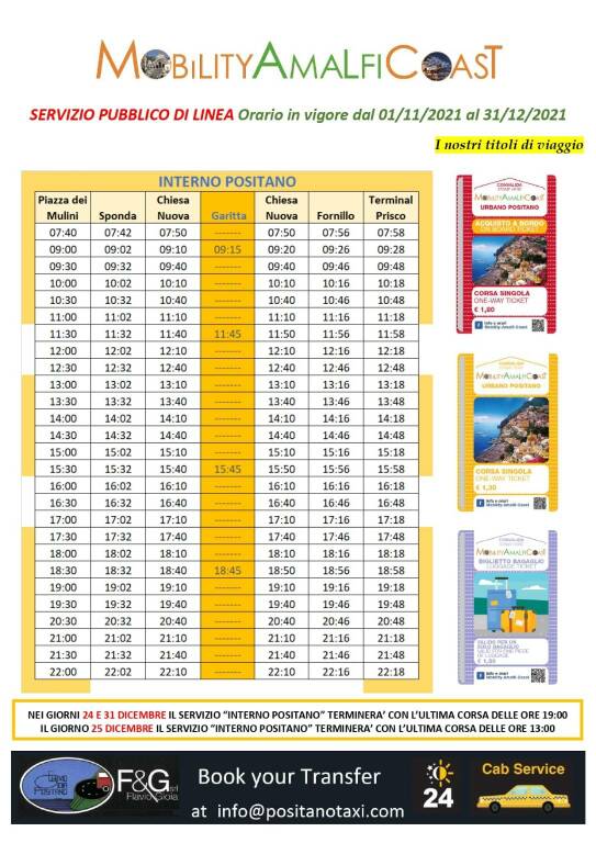 Positano, gli orari della Mobility Amalfi Coast in vigore dall'1 novembre al 31 dicembre 2021
