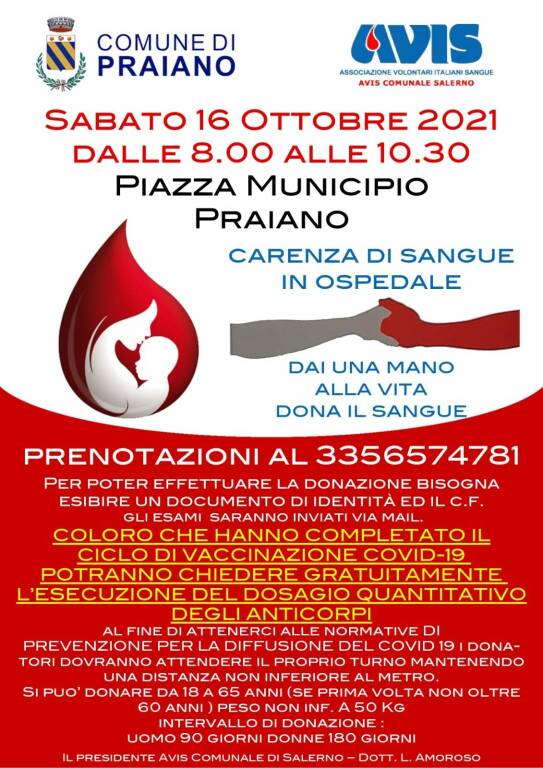 Praiano, sabato 16 ottobre in Piazza Municipio una postazione dell'Avis per donare il sangue