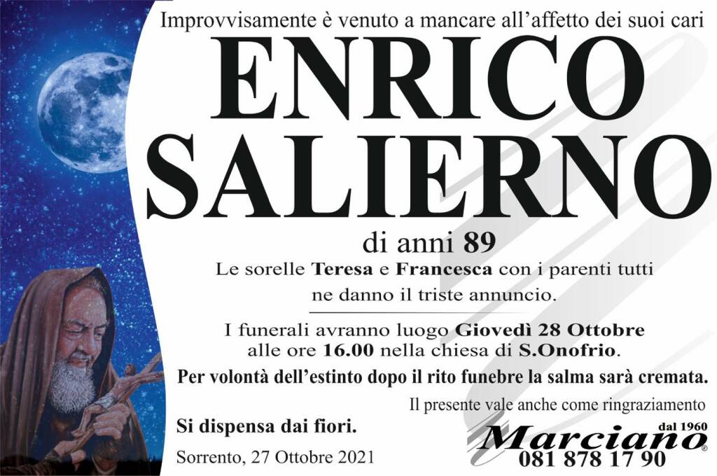 Sorrento, lutto per l'improvvisa scomparsa dell'89enne Enrico Salierno