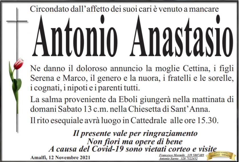 Amalfi piange Antonio Anastasio