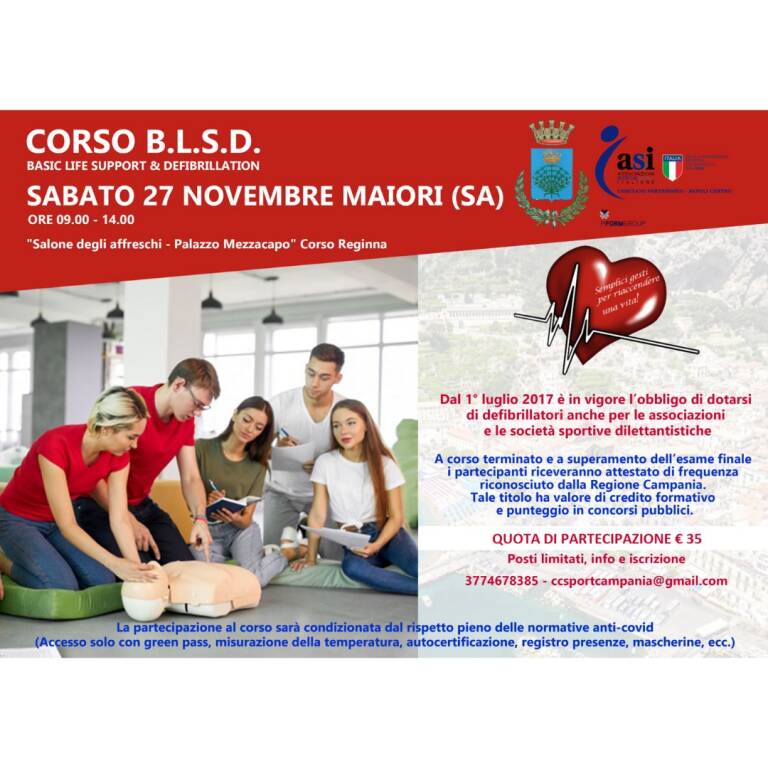 Maiori, sabato 27 novembre il corso B.L.S.D. a Palazzo Mezzocapo