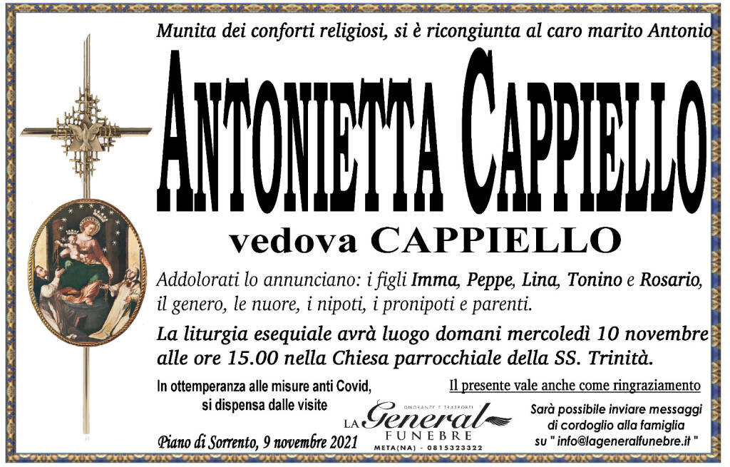 Piano di Sorrento: lutto per la perdita di Antonietta Cappiello