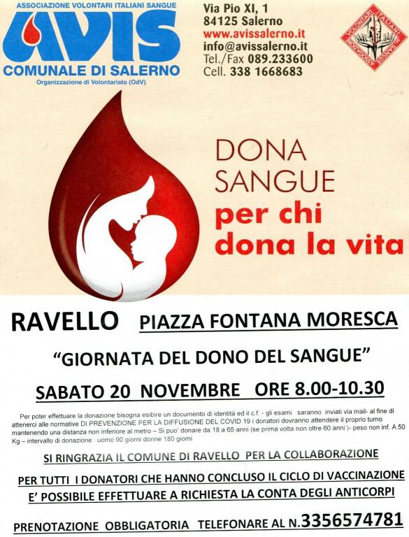 Ravello, sabato 20 novembre in Piazza Fontana Moresca la "Giornata del dono del sangue"