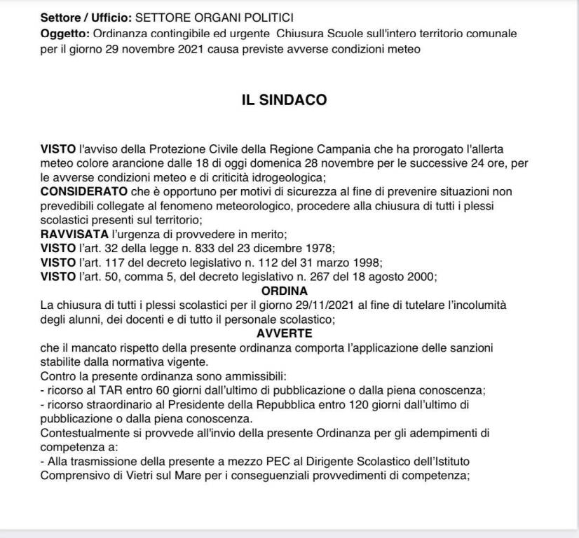Vietri sul Mare, domani scuole chiuse a causa dell'allerta meteo