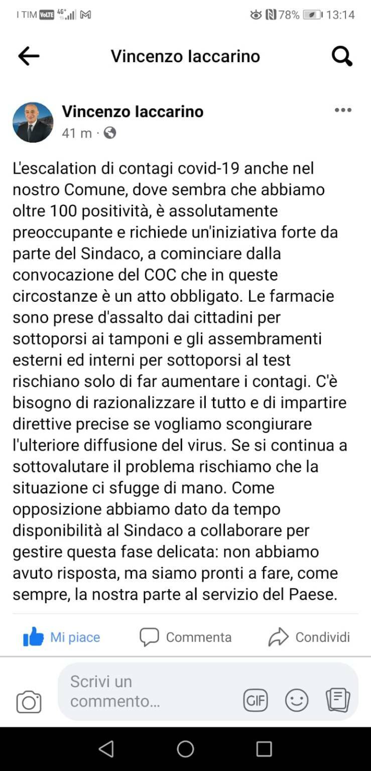 L ex sindaco di Sant' Agnello Vincenzo Iaccarino "In Pensiola Sorrentina si stanno superando i 100 contagiati, bisogna concovare il COC"
