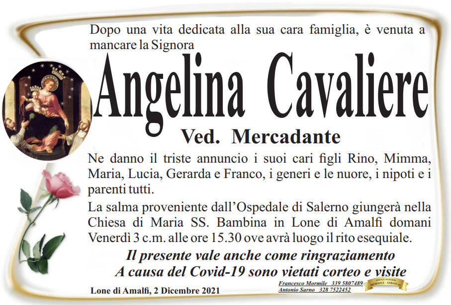 Lone di Amalfi in lutto per la salita al cielo di Angelina Cavaliere, vedova Mercadante