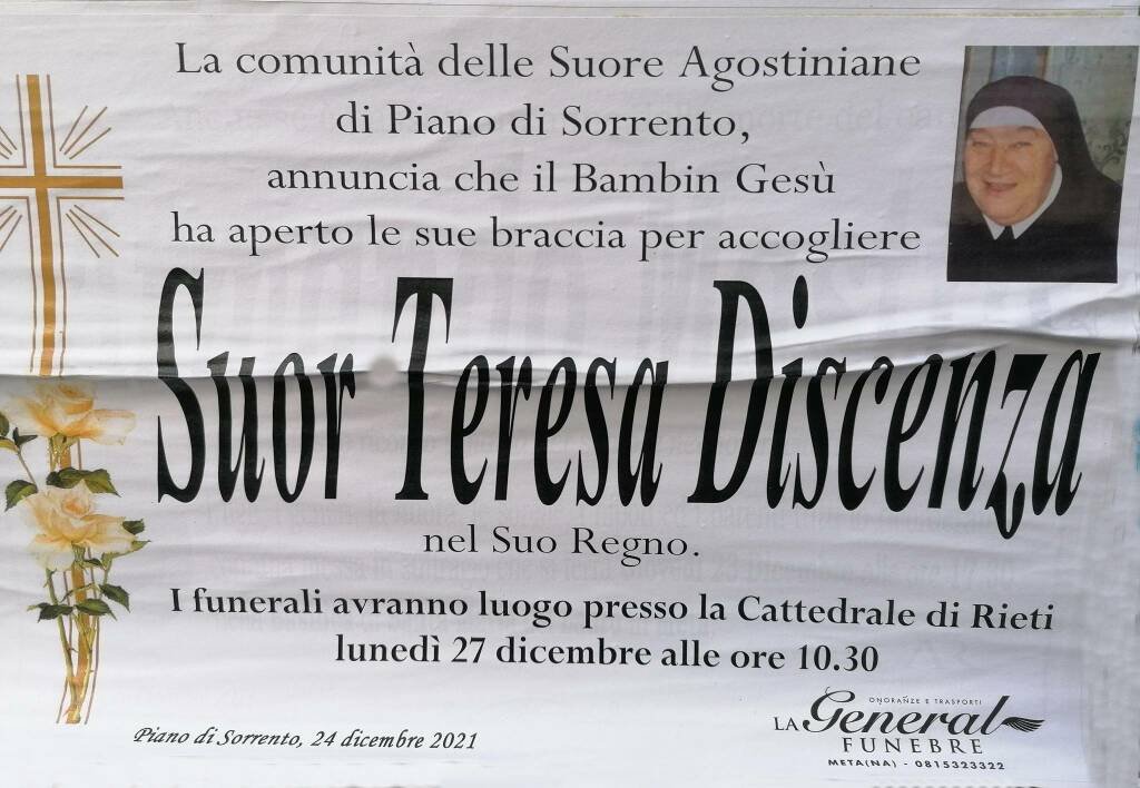 Piano di Sorrento, la comunità delle Suore Agostiniane in lutto per Suor Teresa Discenza 