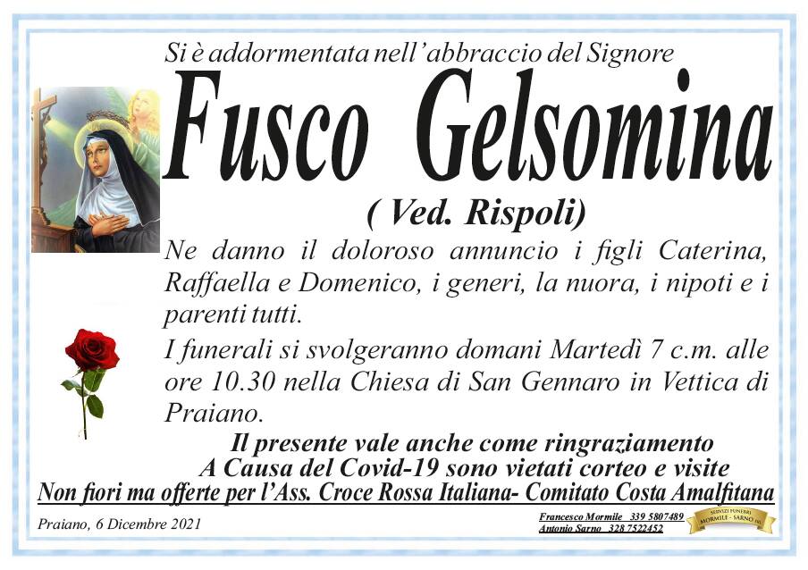 Praiano: Fusco Gelsomina, vedova Rispoli, si è addormentata nell'abbraccio del Signore