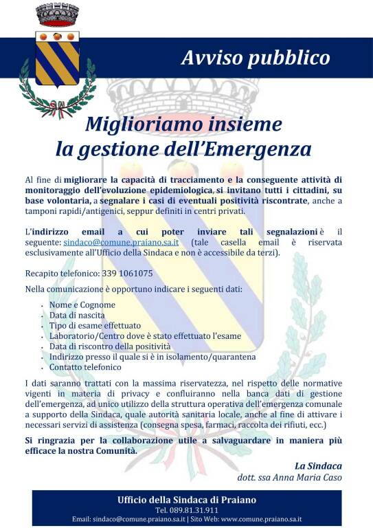 Praiano, le indicazioni della sindaca Dott.ssa Caso ai cittadini per la gestione dell'emergenza Covid