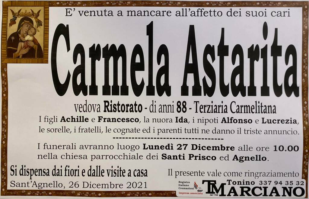 Sant'Agnello piange la scomparsa dell'88enne Carmela Astarita, vedova Ristorato (Terziaria Carmelitana)