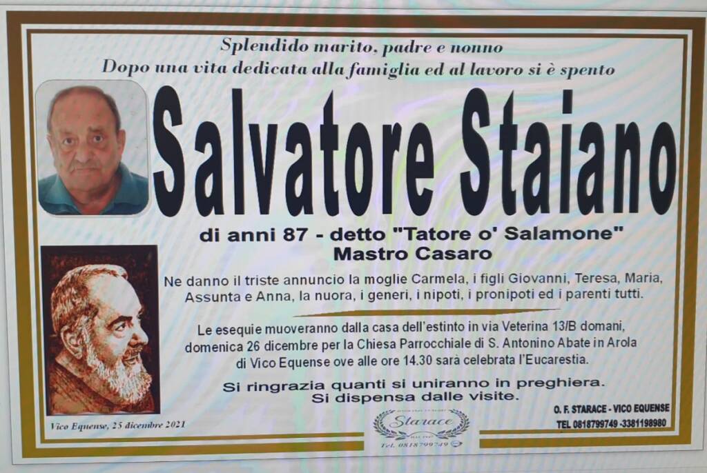 Vico Equense: lutto per la perdita Salvatore Staiano, "Tatore o' Salamone"