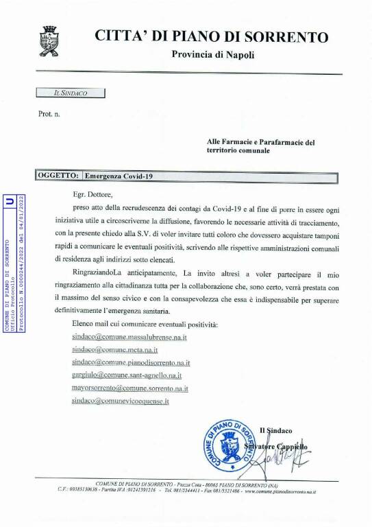 I Sindaci della Penisola Sorrentina invitano a comunicare eventuali positività rilevate dai tamponi rapidi acquistati in farmacia