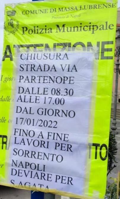 Sorrento/Massa Lubrense: via Partenope chiusa fino al termine dei lavori