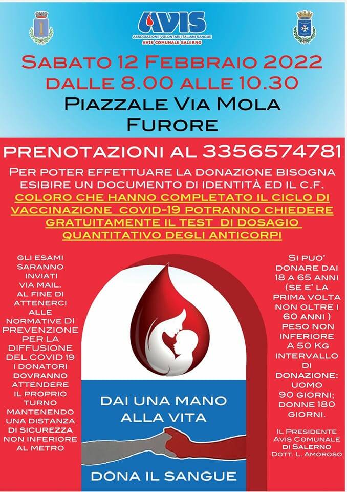 Furore: sabato 12 febbraio giornata dedicata alla donazione del sangue