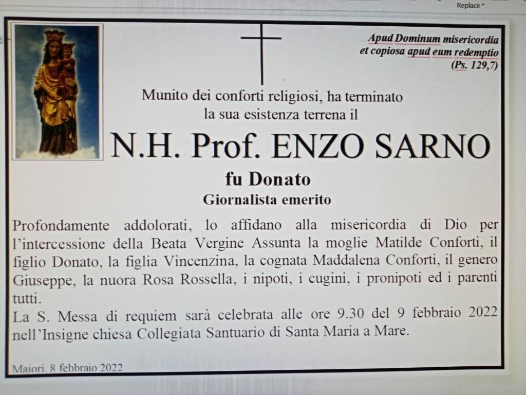 Maiori in lutto per la scomparsa del giornalista Prof. Enzo Sarno, per tanti anni docente a Positano