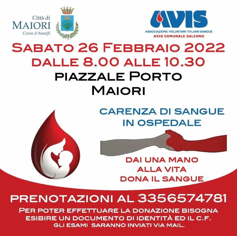 Maiori, sabato 26 febbraio nei pressi dell’Arena del Porto postazione per la donazione del sangue