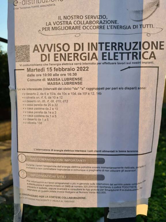 Massa Lubrense, domani l'interruzione di energia elettrica: ecco le zone interessate