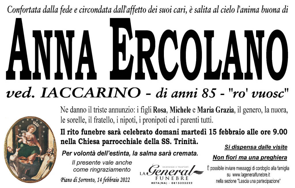 Piano di Sorrento piange Anna Ercolano, vedova Iaccarino, scomparsa all'età di 85 anni
