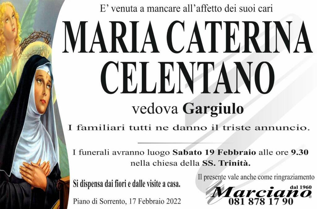 Piano di Sorrento porge l'estremo saluto a Maria Caterina Celentano, vedova Gargiulo