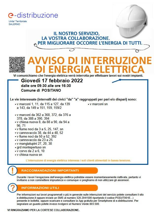 Positano: giovedì 17 febbraio interruzione della fornitura elettrica