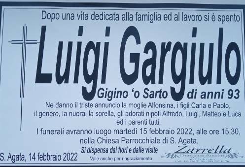 S. Agata in lutto per la scomparsa del 93enne Luigi Gargiulo (Gigino 'o Sarto) 