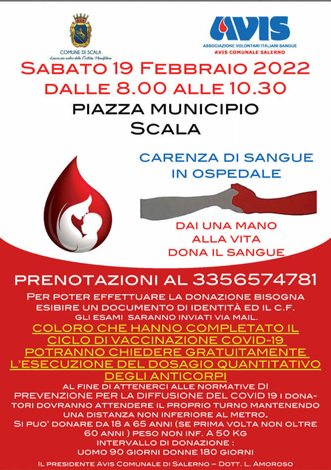 Scala: sabato 19 febbraio giornata dedicata alla donazione del sangue