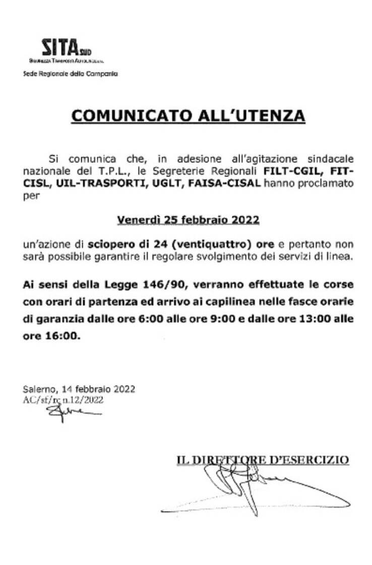 Sita Sud, venerdì 25 febbraio sciopero di 24 ore