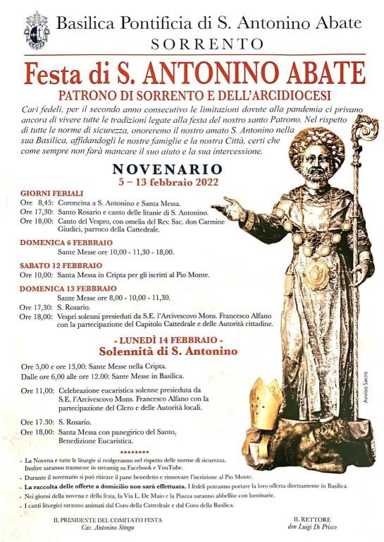 Sorrento, inizia domani il novenario in preparazione alla Festa di S. Antonino Abate. Ecco il programma