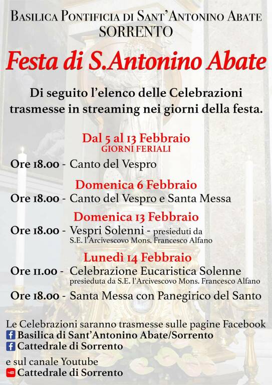 Sorrento, inizia domani il novenario in preparazione alla Festa di S. Antonino Abate. Ecco il programma