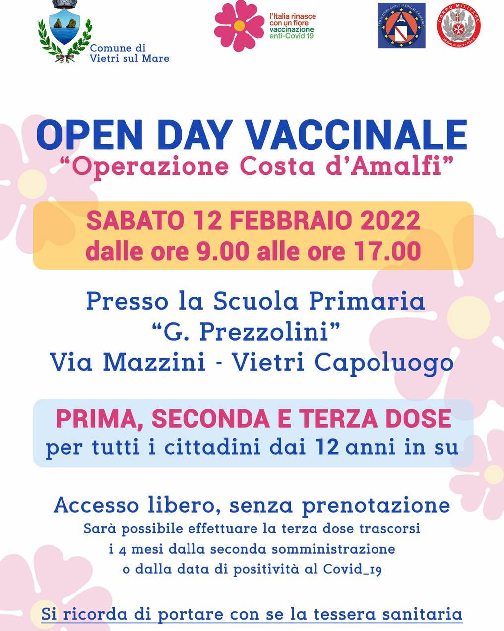 Vietri sul Mare, sabato 12 febbraio open day vaccinale per tutti i cittadini dai 12 anni in su