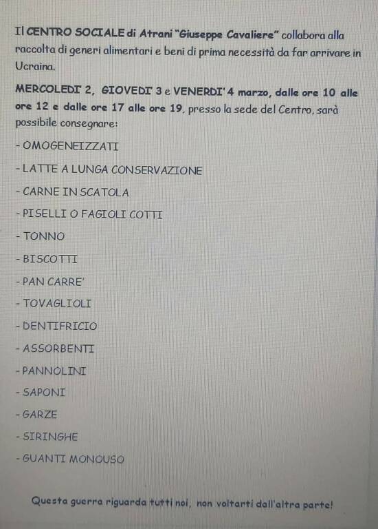 Atrani: il centro sociale comunale raccoglie beni di prima necessità per l’Ucraina