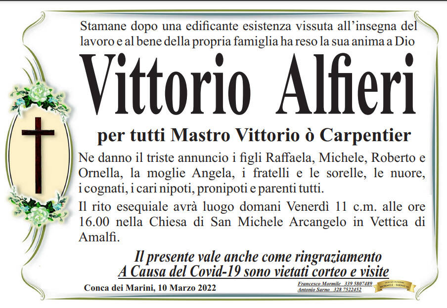 Conca dei Marini in lutto per la scomparsa di Vittorio Alfieri (Mastro Vittorio ò Carpentier)