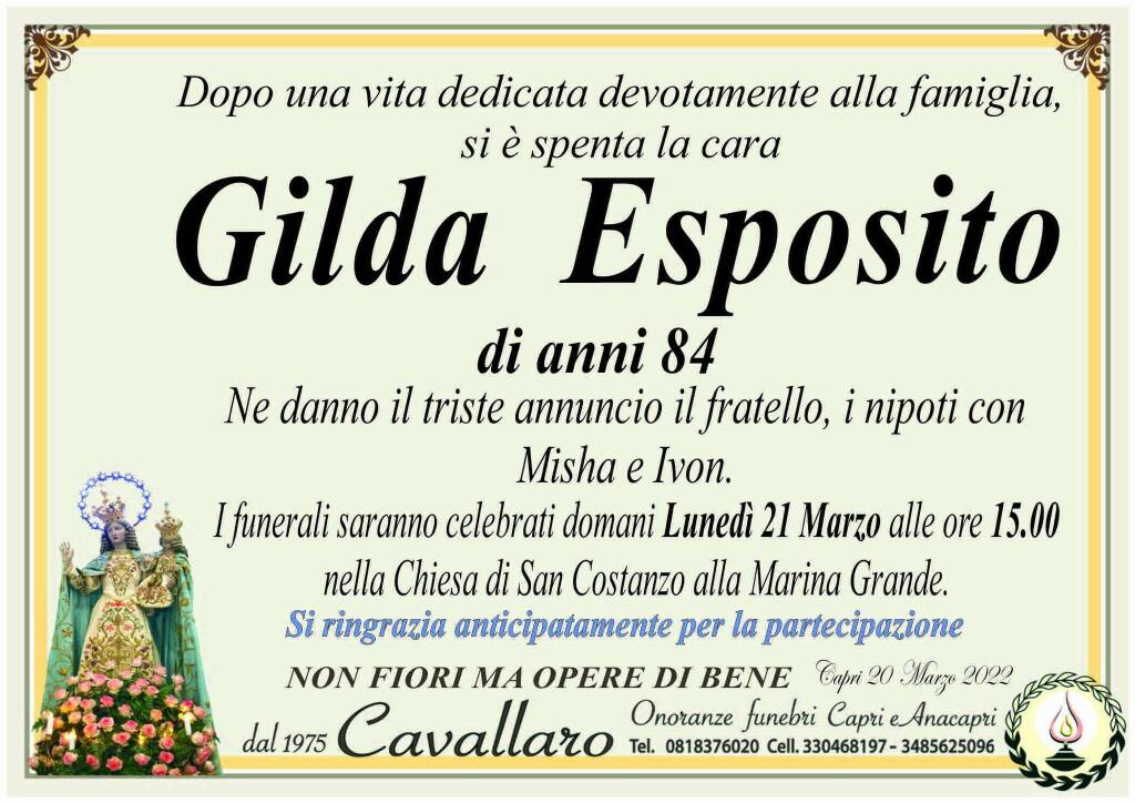Lutto a Capri per l'84enne Gilda Esposito