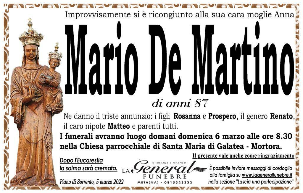 Piano di Sorrento piange Mario De Martino: all'età di 87 anni si ricongiunge alla sua cara moglie