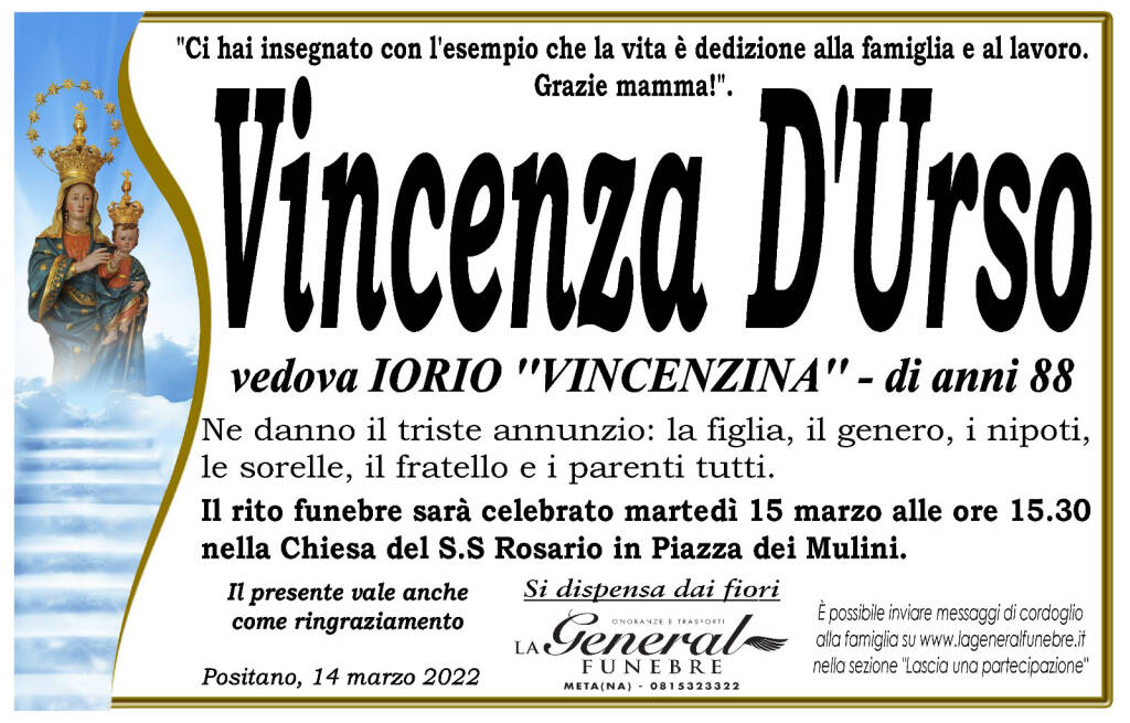 Positano: ci lascia Vincenzina D'Urso, una vita dedicata alla famiglia ed al lavoro