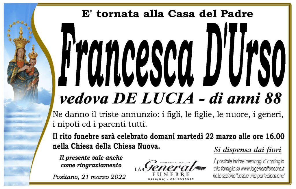 Positano, lutto per l'ex sindaco Michele De Lucia per la scomparsa della mamma