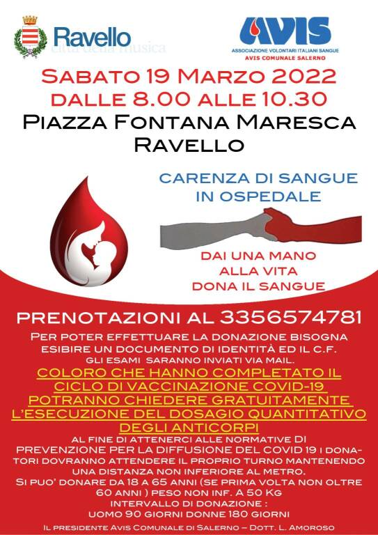 Ravello: sabato 19 marzo giornata dedicata alla donazione del sangue