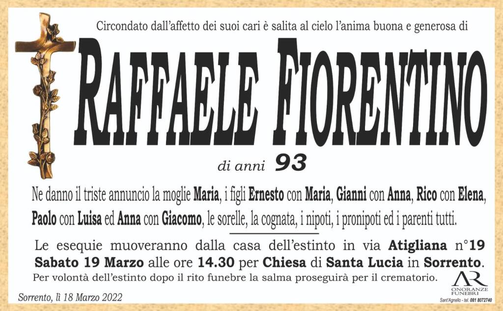 Sorrento porge l'estremo saluto al 93enne Raffaele Fiorentino