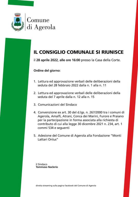 Agerola, giovedì 28 aprile si riunisce il Consiglio Comunale. Ecco i punti all’Ordine del Giorno