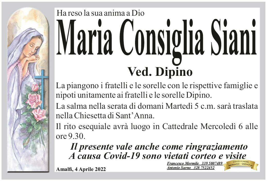 Amalfi: Maria Consiglia Siani, vedova Dipino, ha reso la sua anima a Dio