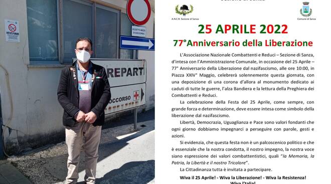 Associazione Nazionale Combattenti e Reduci Federazione di Salerno, sezione di Sanza: manifesto celebrazione del 25 aprile 2022. 77° Anniversario della Liberazione .