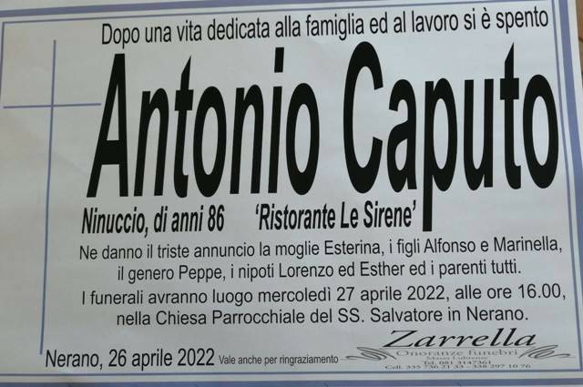 Massa Lubrense, la frazione di Nerano porge l’estremo saluto all’8eenne Antonio Caputo (Ninuccio) del Ristorante “Le Sirene” 