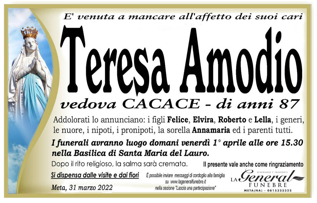 Meta: è venuta a mancare Teresa Amodio, oggi i funerali