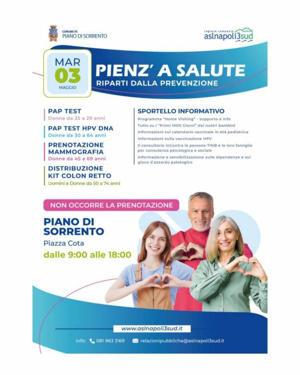 Piano di Sorrento: "Pienz' a salute", martedì 3 maggio giornata dedicata alla prevenzione