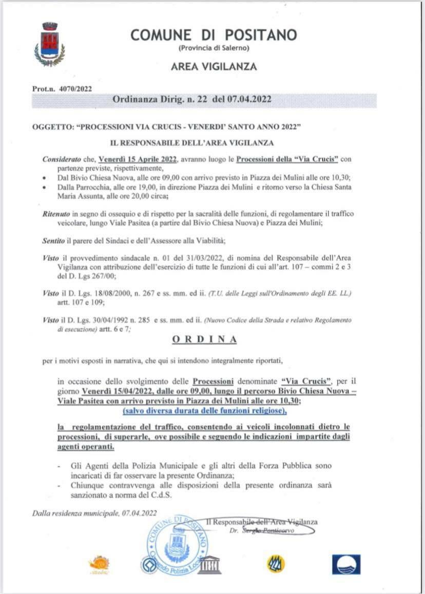 Positano, Venerdì Santo: qui il dispositivo del traffico
