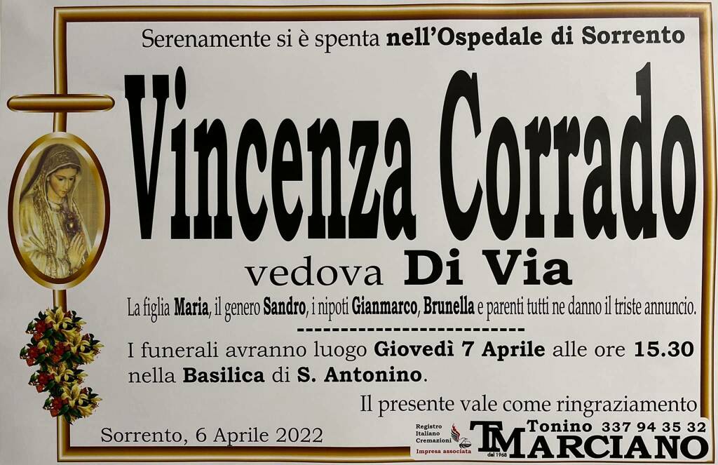 Sorrento piange la scomparsa di Vincenza Corrado, vedova Di Via