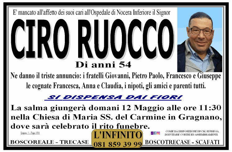 Gragnano piange la scomparsa del 54enne Ciro Ruocco. Tanti i messaggi di cordoglio