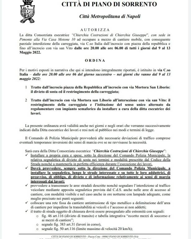 Piano di Sorrento: al via i lavori di rifacimento asfalto di Corso Italia