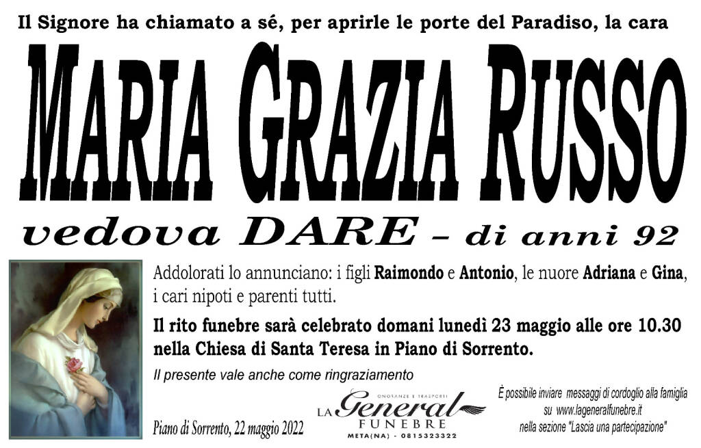 Piano di Sorrento in lutto: all'età di 92 anni è scomparsa Maria Grazia Russo, vedova Dare